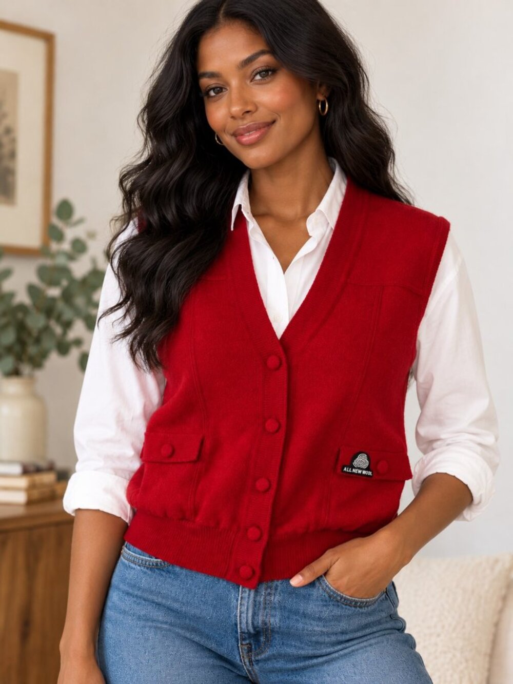 Vintage Charming Red 100% Wool Button Front Sweater Vest Women’s Medium